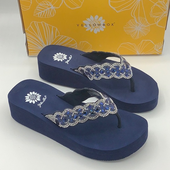 yellow box navy sandals